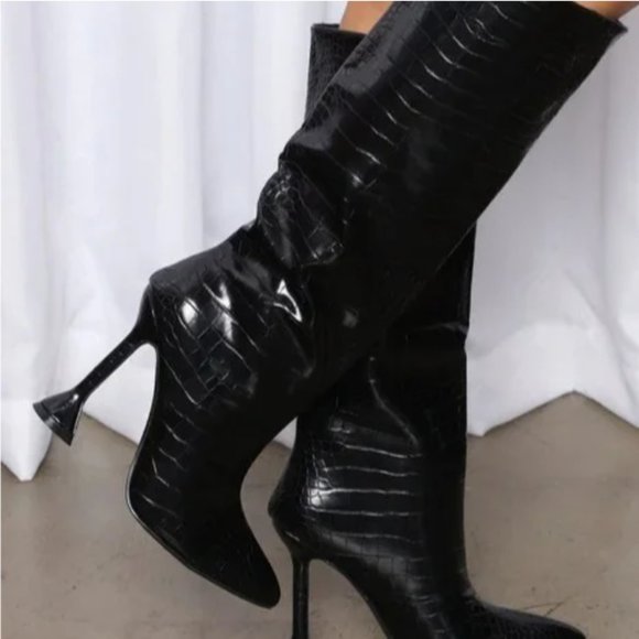 Knee High Croc-Effect Heel Black Boots Size 8.5 - Picture 4 of 7